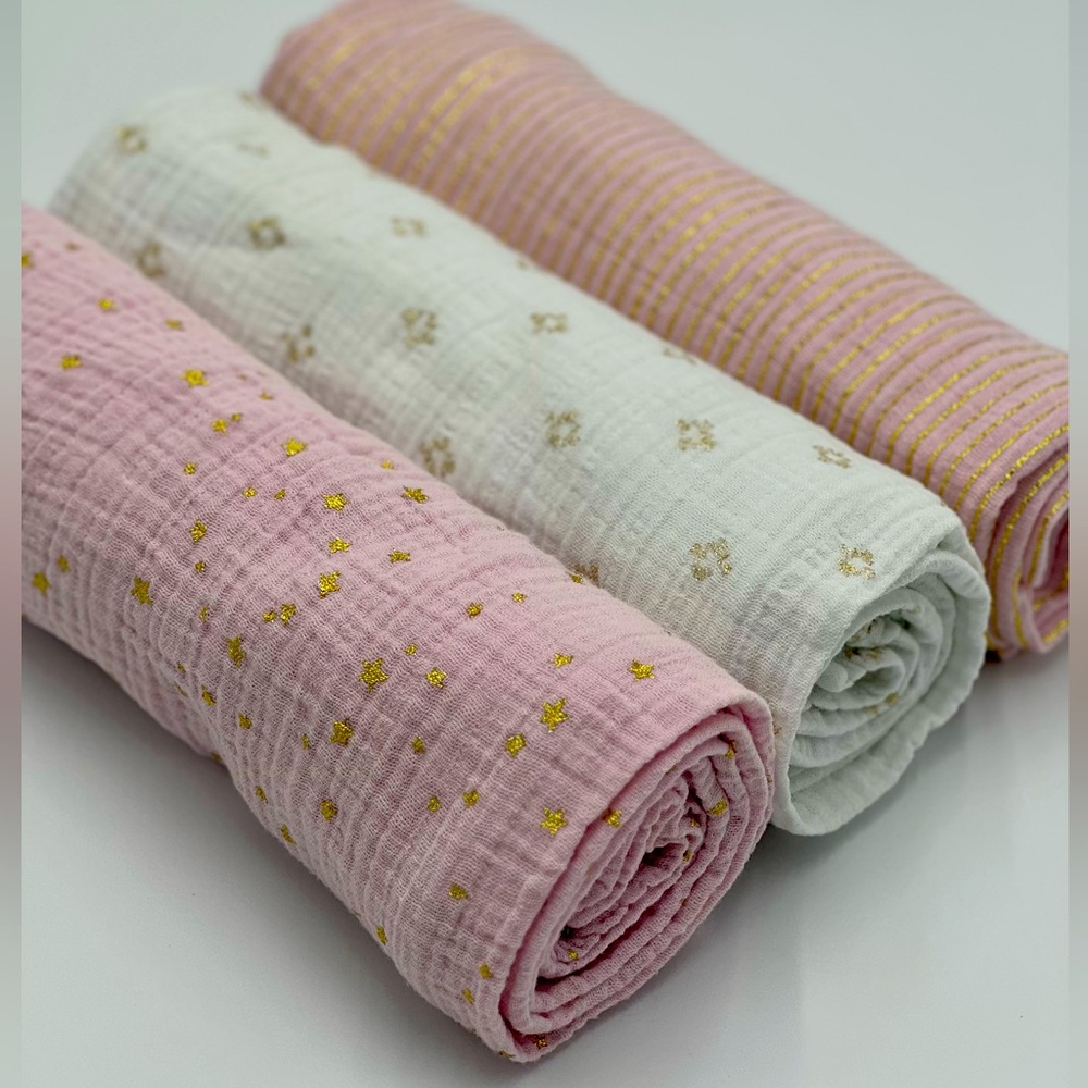 3 aden + anais muslin swaddle blankets dusty rose pink, gold and white EUC